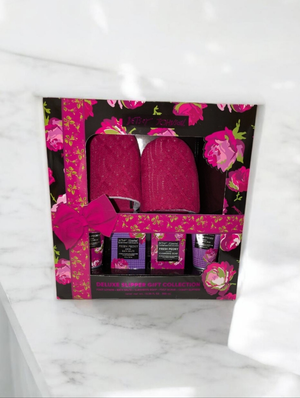 Betsey Johnson Hot Pink Floral Slipper & Bath Gift Set - Picture 2 of 2